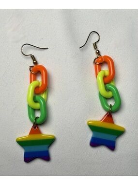 Colorful Rainbow Star Chain Womens or girls Earrings - Orange, Yellow & Green
